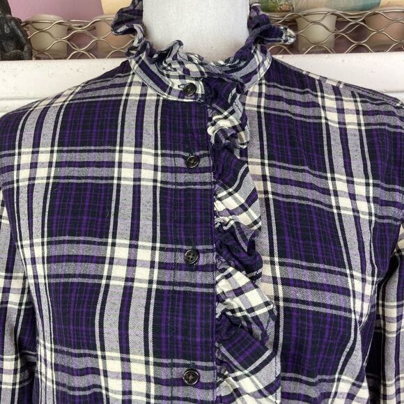 Lauren Ralph Lauren purple plaid flannel button down & up to neck, ruffled - Picture 3 of 10